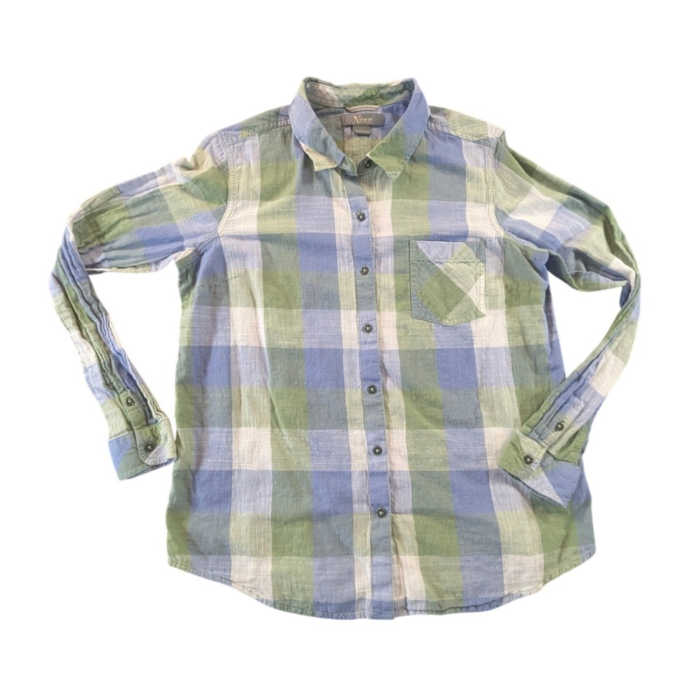 Natural Reflections Plaid Button Down Shirt Women Medium Green Blue Cotton Top